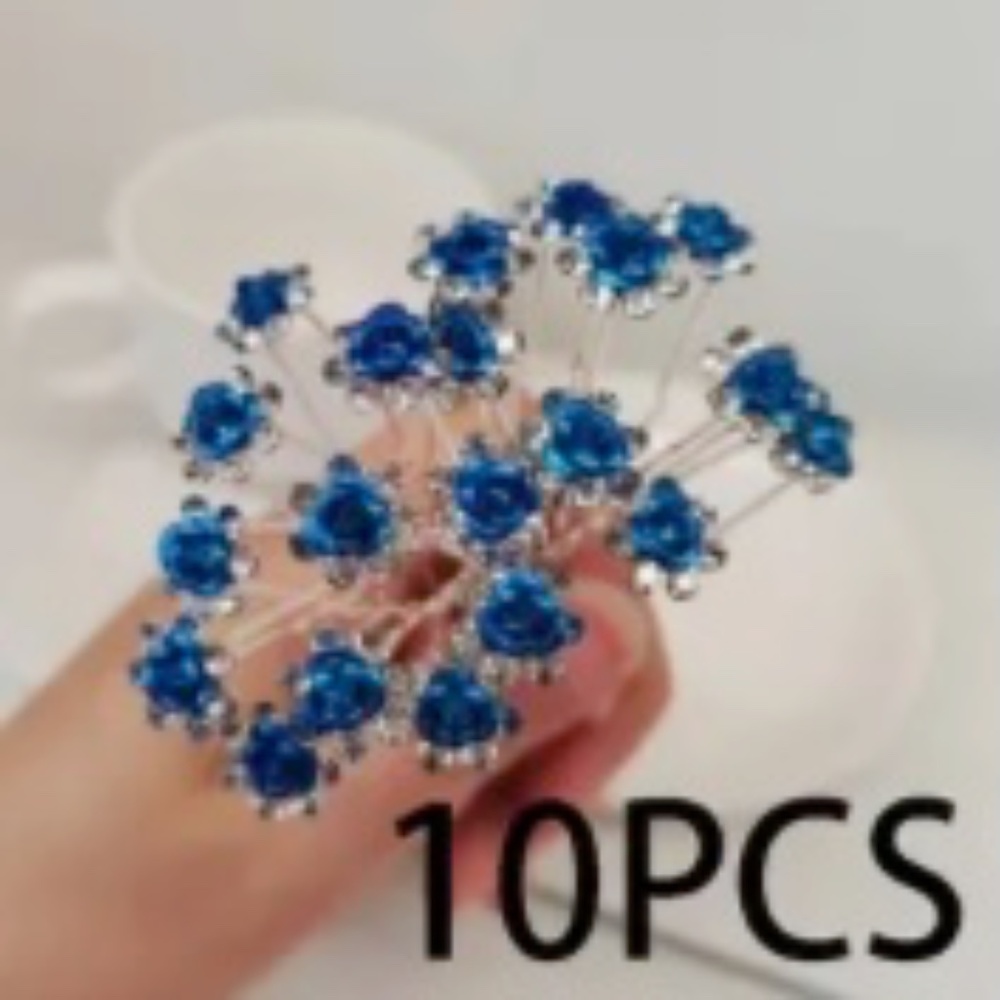 10 pieces Elegant Blue Rose U-Shaped Hair Pins for Women - Sparkling Rhinestones